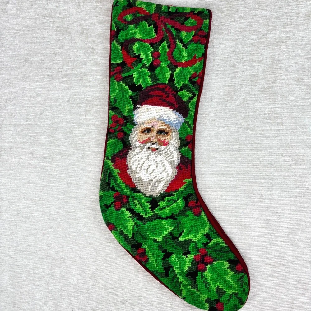 Vintage Needlepoint Cross Stitch Santa Garland Bow Christmas Stocking 18 in